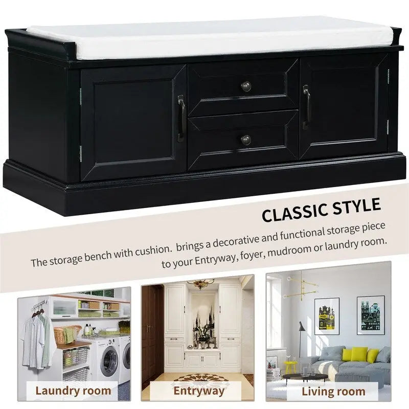 Banc de rangement avec 2 tiroirs et 2 coussins amovibles – 2 places, 5 couleurs