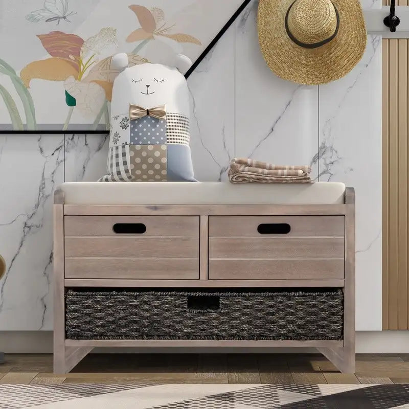 Banc d'entrée avec coussin, 2 tiroirs et panier, fini blanc délavé/blanc/marine/espresso — 1 place