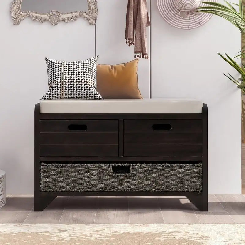 Banc d'entrée avec coussin, 2 tiroirs et panier, fini blanc délavé/blanc/marine/espresso — 1 place