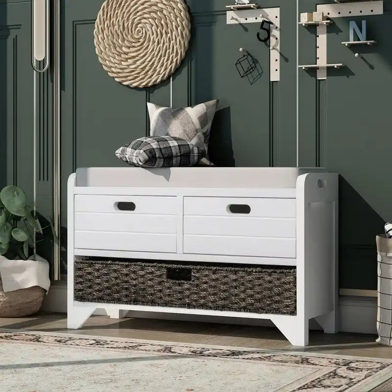 Banc d'entrée avec coussin, 2 tiroirs et panier, fini blanc délavé/blanc/marine/espresso — 1 place