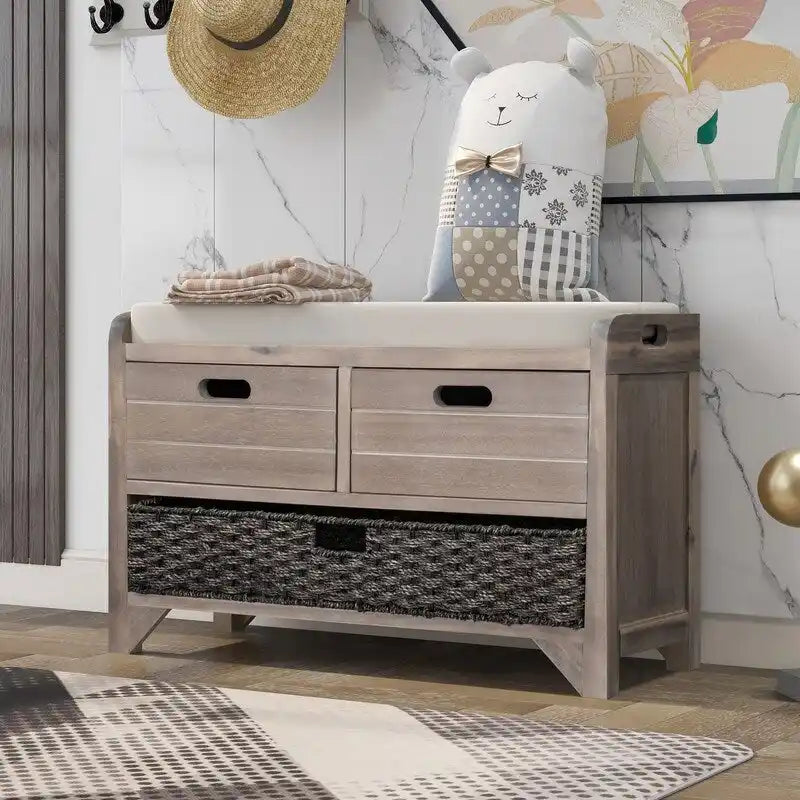 Banc d'entrée avec coussin, 2 tiroirs et panier, fini blanc délavé/blanc/marine/espresso — 1 place