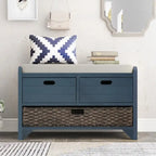 Banc d'entrée avec coussin, 2 tiroirs et panier, fini blanc délavé/blanc/marine/espresso — 1 place