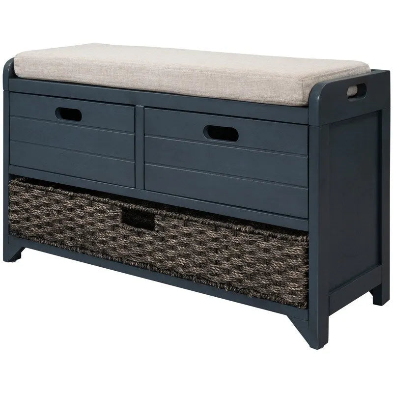 Banc d'entrée avec coussin, 2 tiroirs et panier, fini blanc délavé/blanc/marine/espresso — 1 place