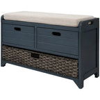 Banc d'entrée avec coussin, 2 tiroirs et panier, fini blanc délavé/blanc/marine/espresso — 1 place