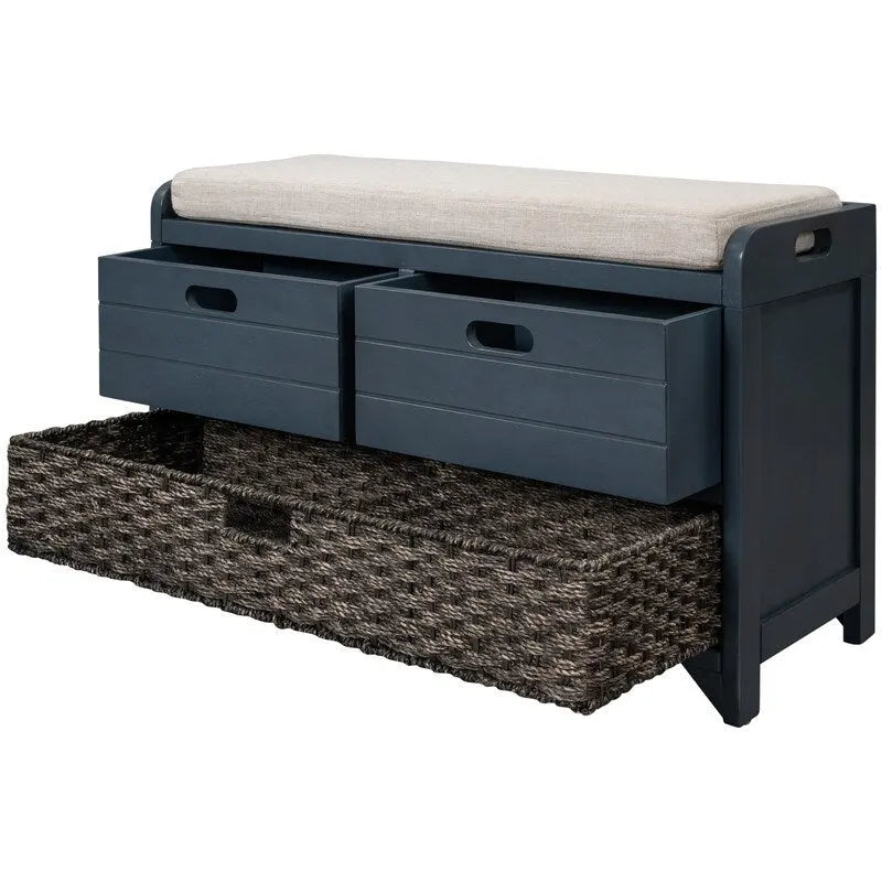 Banc d'entrée avec coussin, 2 tiroirs et panier, fini blanc délavé/blanc/marine/espresso — 1 place
