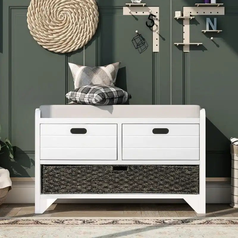 Banc d'entrée avec coussin, 2 tiroirs et panier, fini blanc délavé/blanc/marine/espresso — 1 place