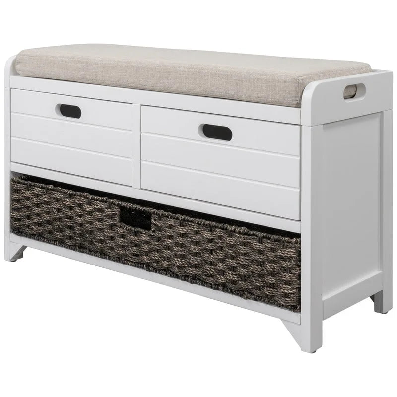 Banc d'entrée avec coussin, 2 tiroirs et panier, fini blanc délavé/blanc/marine/espresso — 1 place