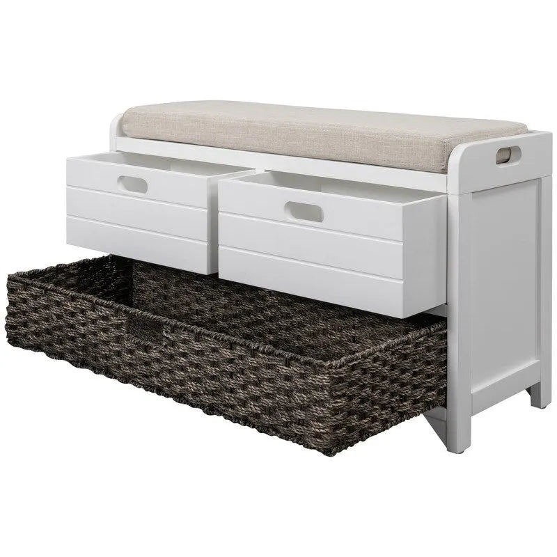 Banc d'entrée avec coussin, 2 tiroirs et panier, fini blanc délavé/blanc/marine/espresso — 1 place
