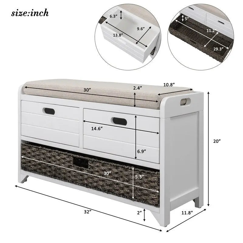 Banc d'entrée avec coussin, 2 tiroirs et panier, fini blanc délavé/blanc/marine/espresso — 1 place