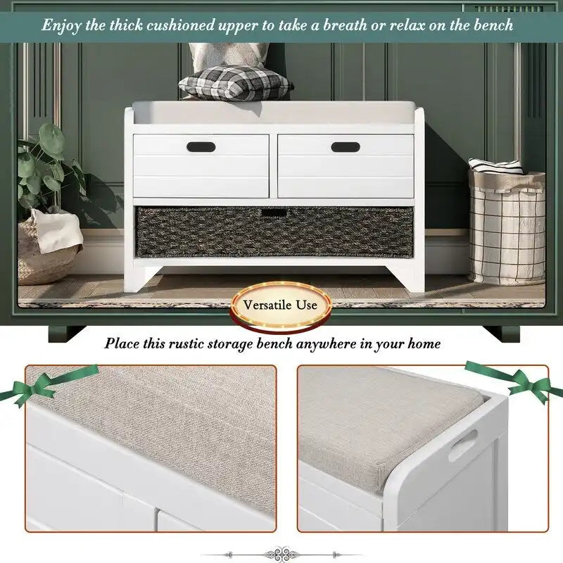 Banc d'entrée avec coussin, 2 tiroirs et panier, fini blanc délavé/blanc/marine/espresso — 1 place