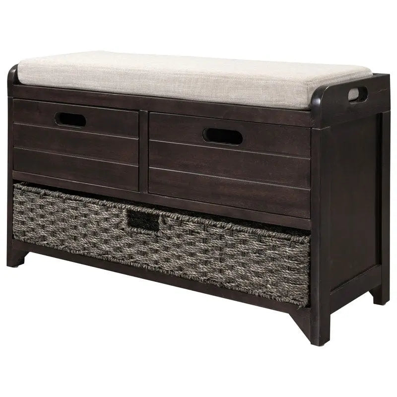 Banc d'entrée avec coussin, 2 tiroirs et panier, fini blanc délavé/blanc/marine/espresso — 1 place