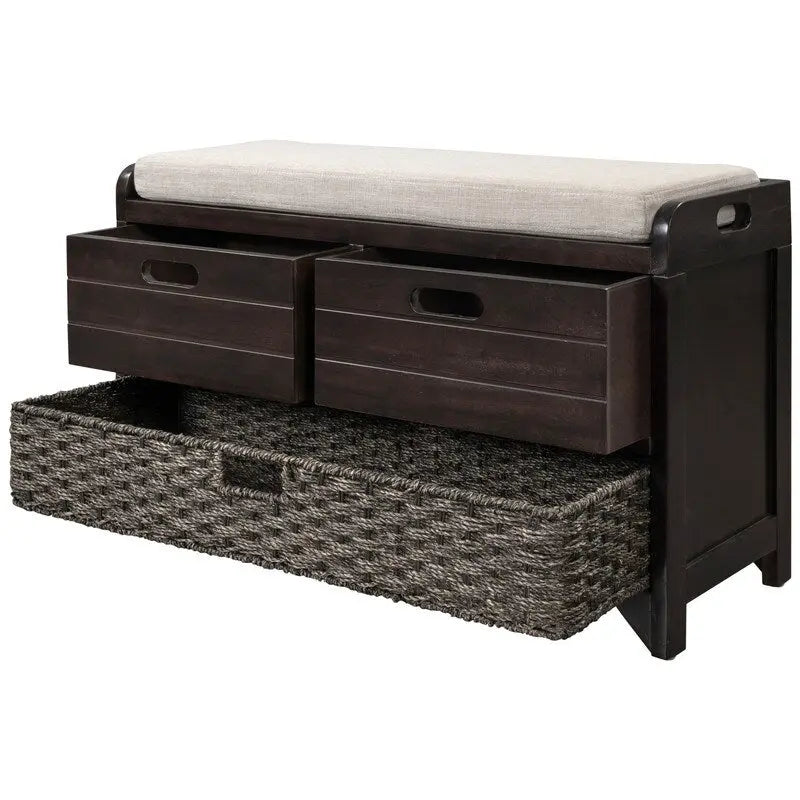 Banc d'entrée avec coussin, 2 tiroirs et panier, fini blanc délavé/blanc/marine/espresso — 1 place