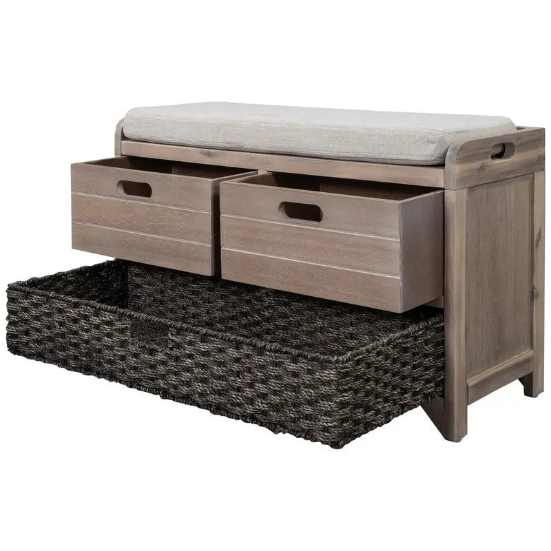 Banc d'entrée avec coussin, 2 tiroirs et panier, fini blanc délavé/blanc/marine/espresso — 1 place