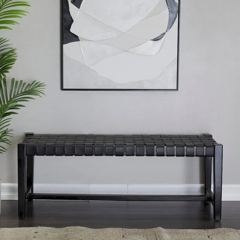 Banc en cuir tressé noir – 2 places