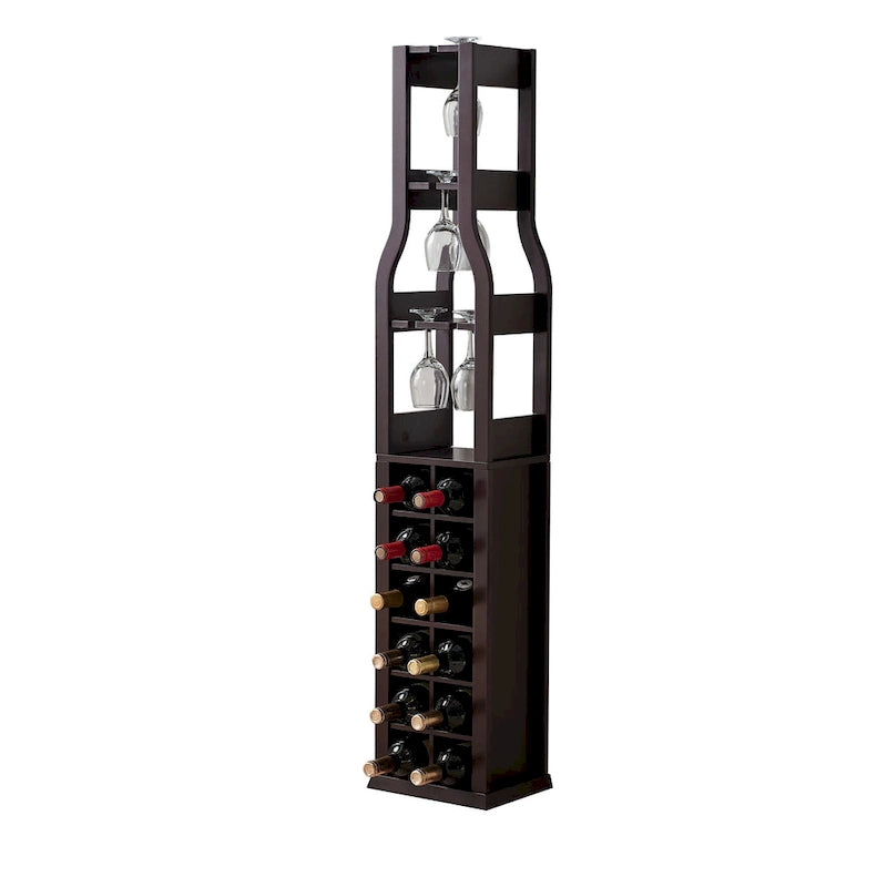 Porte-bouteilles à vin en bois de cerisier marron, en forme de bouteille, 12 bouteilles + 4 porte-verres