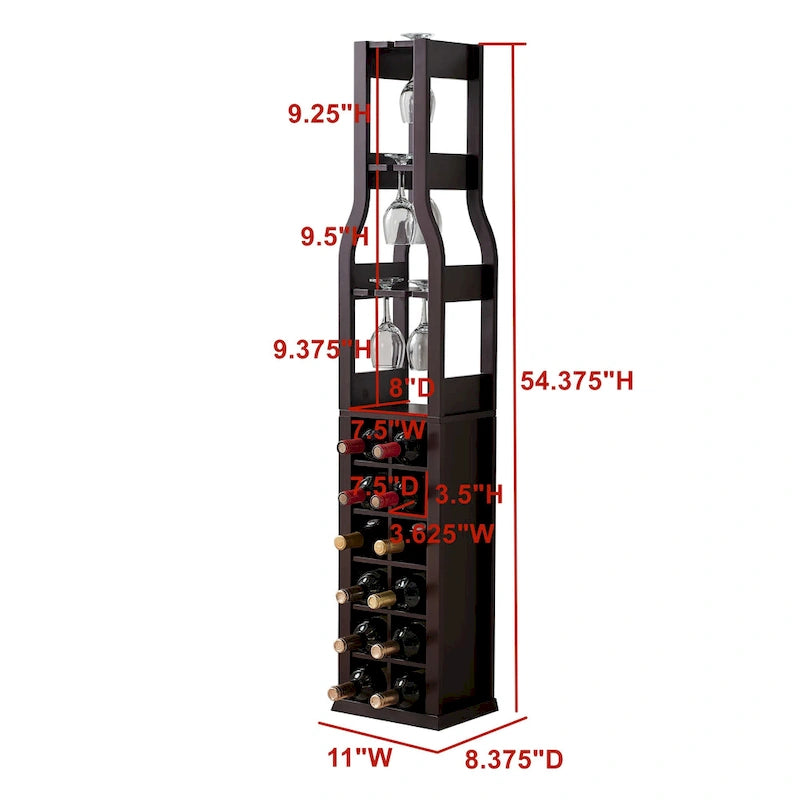 Porte-bouteilles à vin en bois de cerisier marron, en forme de bouteille, 12 bouteilles + 4 porte-verres