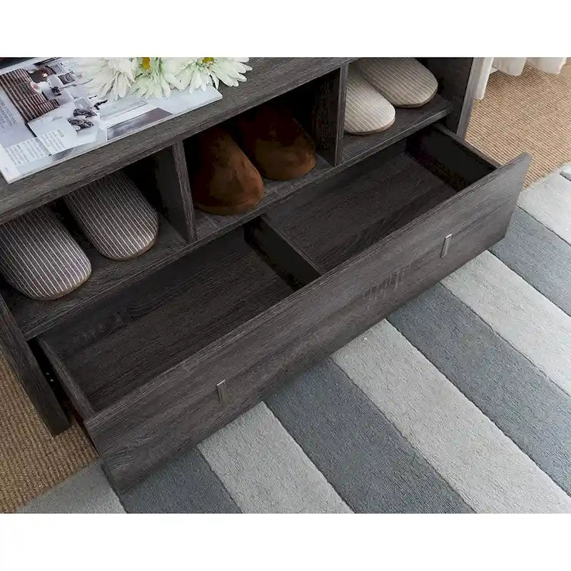 Banc à chaussures en bois vieilli gris avec rangement – 3 étagères + tiroir, 1 personne