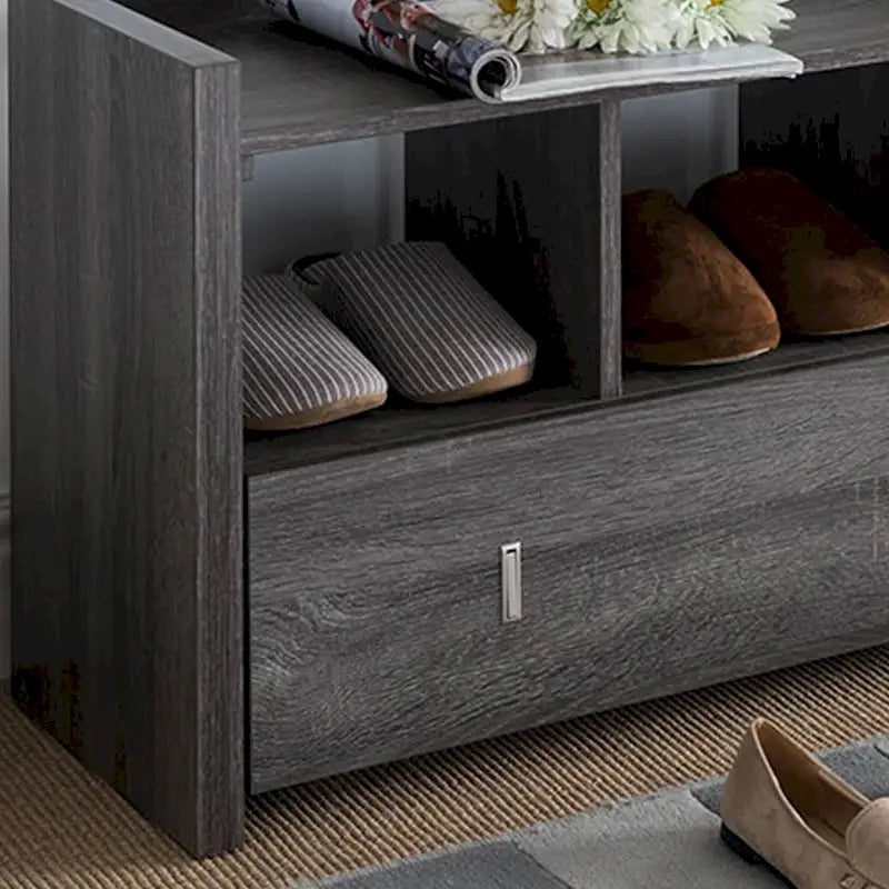 Banc à chaussures en bois vieilli gris avec rangement – 3 étagères + tiroir, 1 personne