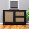 Buffet deux tiroirs en bois noir avec incrustations en rotin