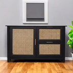 Buffet deux tiroirs en bois noir avec incrustations en rotin