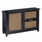 Buffet deux tiroirs en bois noir avec incrustations en rotin