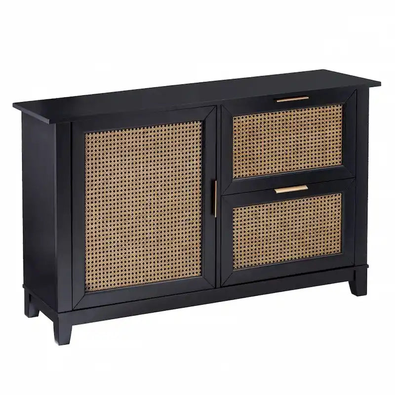 Buffet deux tiroirs en bois noir avec incrustations en rotin