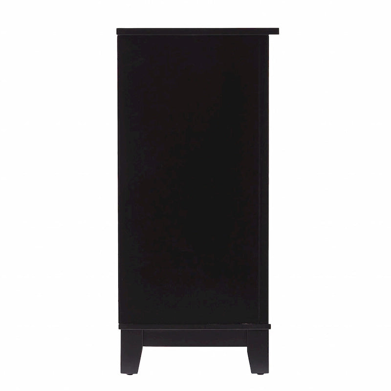 Buffet deux tiroirs en bois noir avec incrustations en rotin
