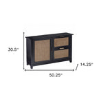 Buffet deux tiroirs en bois noir avec incrustations en rotin