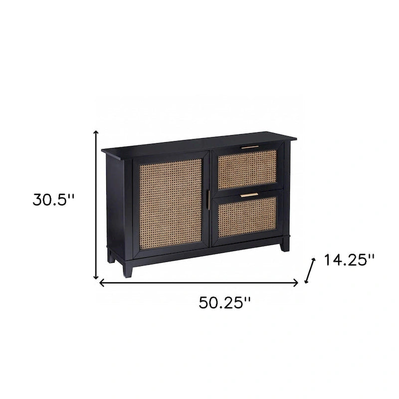Buffet deux tiroirs en bois noir avec incrustations en rotin