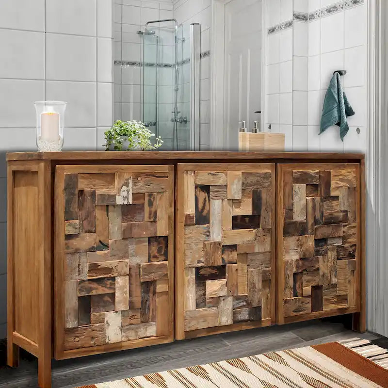 Meuble de rangement en teck recyclé brun finition naturelle, 3 portes (simple)