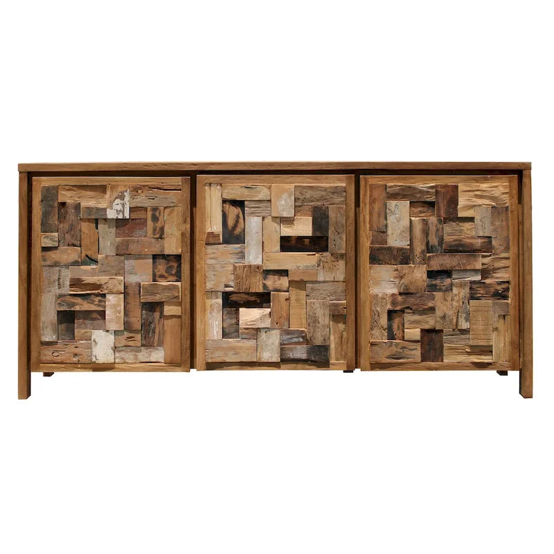 Meuble de rangement en teck recyclé brun finition naturelle, 3 portes (simple)