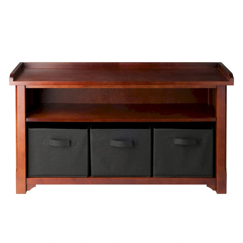 Banc de rangement noyer et noir avec 3 paniers pliables, 1 place