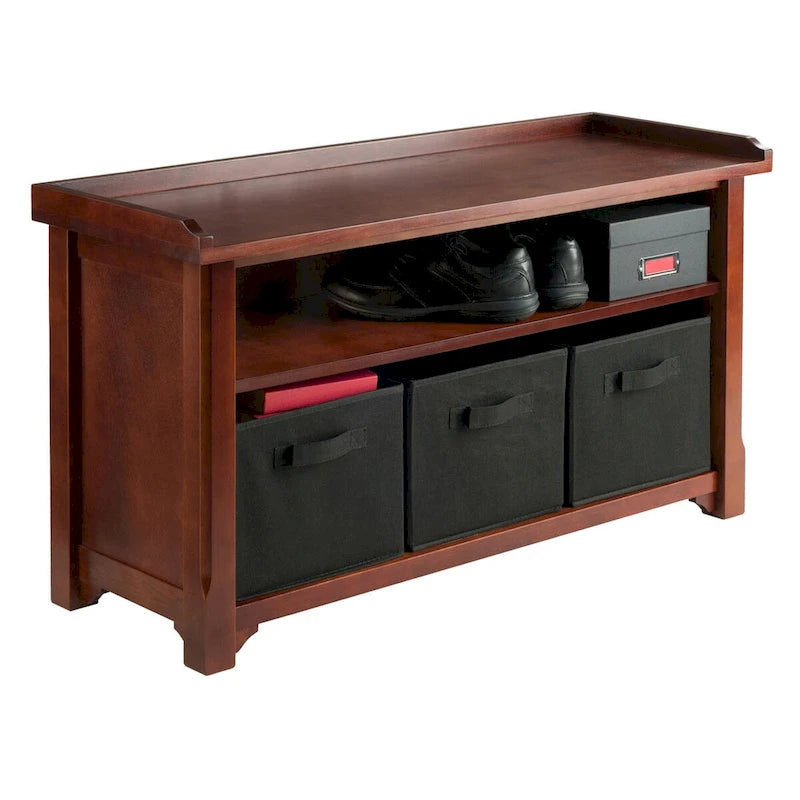 Banc de rangement noyer et noir avec 3 paniers pliables, 1 place