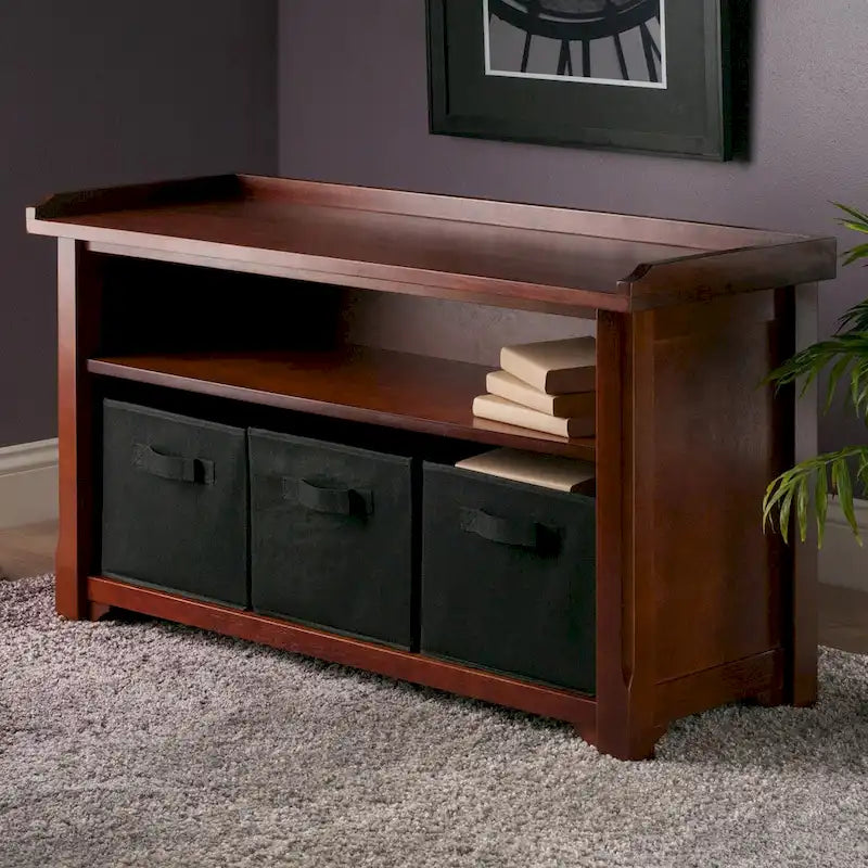 Banc de rangement noyer et noir avec 3 paniers pliables, 1 place