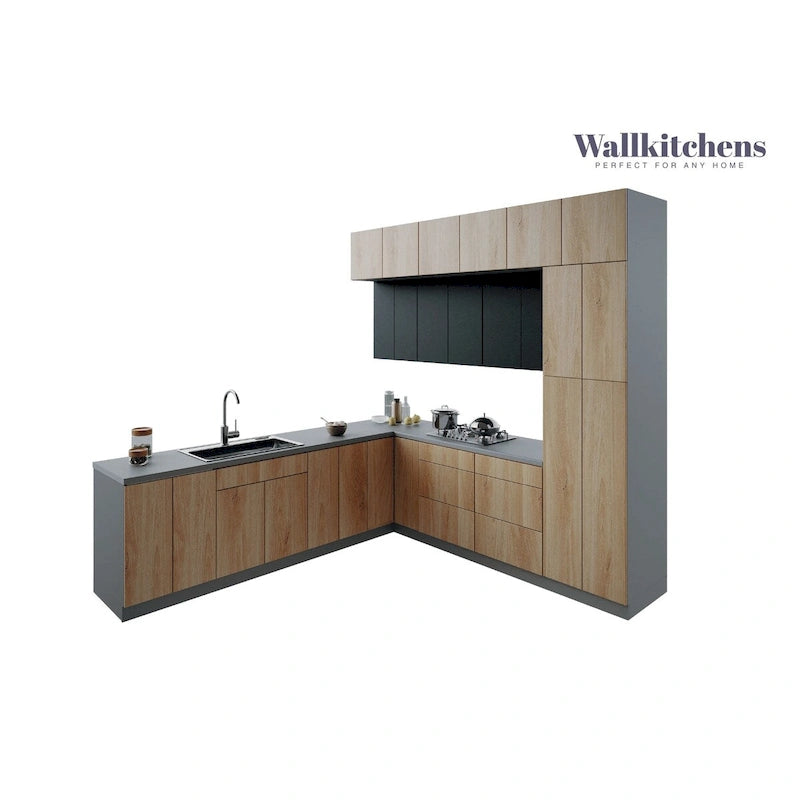 Ensemble d'armoires de cuisine de 2,74 m – Beige / Blanc / Noir / Argent, assemblage à 2 personnes, style moderne