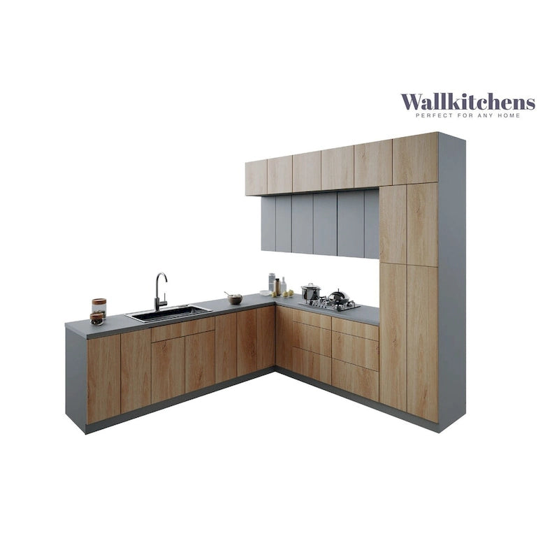 Ensemble d'armoires de cuisine de 2,74 m – Beige / Blanc / Noir / Argent, assemblage à 2 personnes, style moderne
