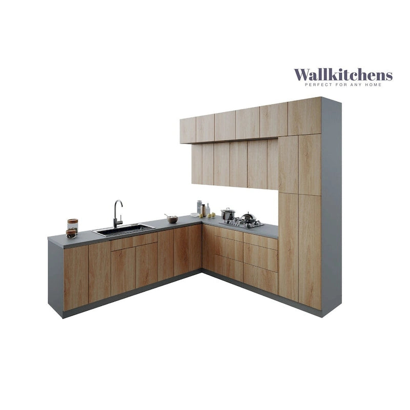 Ensemble d'armoires de cuisine de 2,74 m – Beige / Blanc / Noir / Argent, assemblage à 2 personnes, style moderne