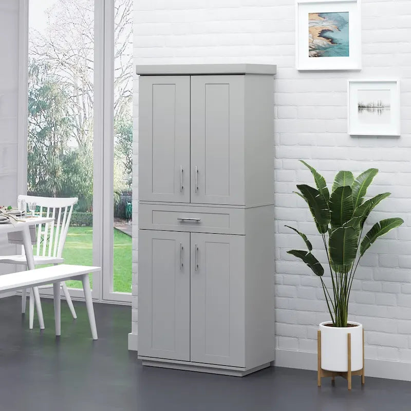 Meuble de cuisine gris autoportant avec 2 portes, tiroir et étagères réglables, assemblage par 1 personne