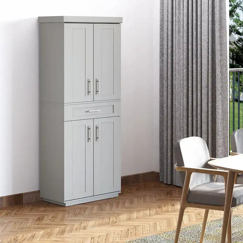 Meuble de cuisine gris autoportant avec 2 portes, tiroir et étagères réglables, assemblage par 1 personne