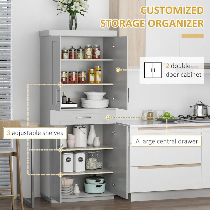 Meuble de cuisine gris autoportant avec 2 portes, tiroir et étagères réglables, assemblage par 1 personne