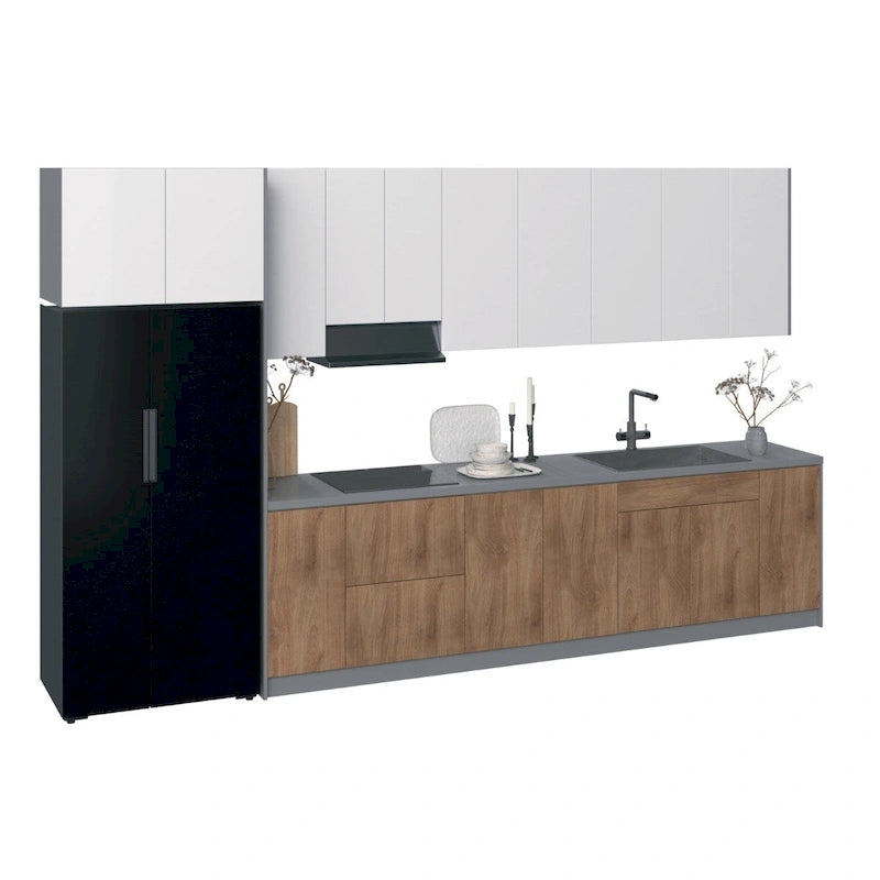 Ensemble d'armoires de cuisine modernes noir / blanc / argent / beige – 4 m de large, Pour 1 cuisine