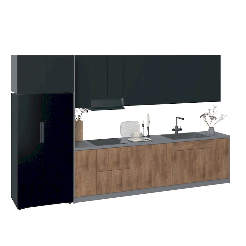 Ensemble d'armoires de cuisine modernes noir / blanc / argent / beige – 4 m de large, Pour 1 cuisine