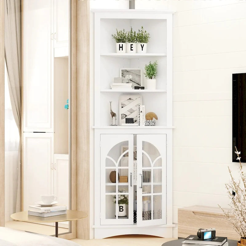 Meuble d'angle de rangement blanc, 5 étagères, montage par 1 à 2 personnes