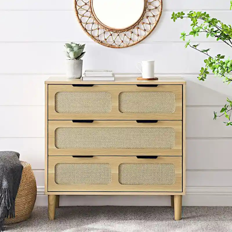 Commode en rotin noir/noyer à 3 tiroirs, simple, poignées en métal