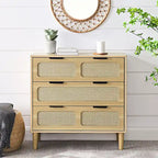 Commode en rotin noir/noyer à 3 tiroirs, simple, poignées en métal