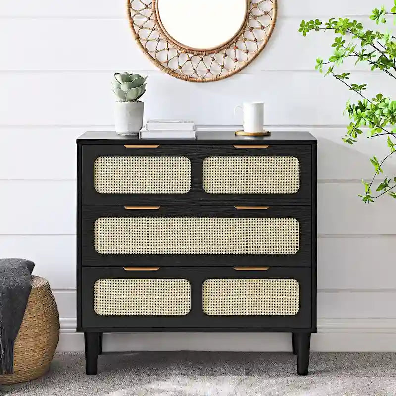 Commode en rotin noir/noyer à 3 tiroirs, simple, poignées en métal