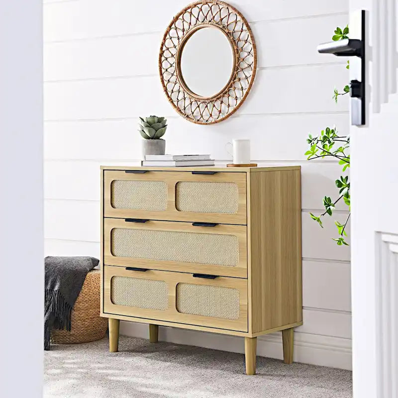 Commode en rotin noir/noyer à 3 tiroirs, simple, poignées en métal