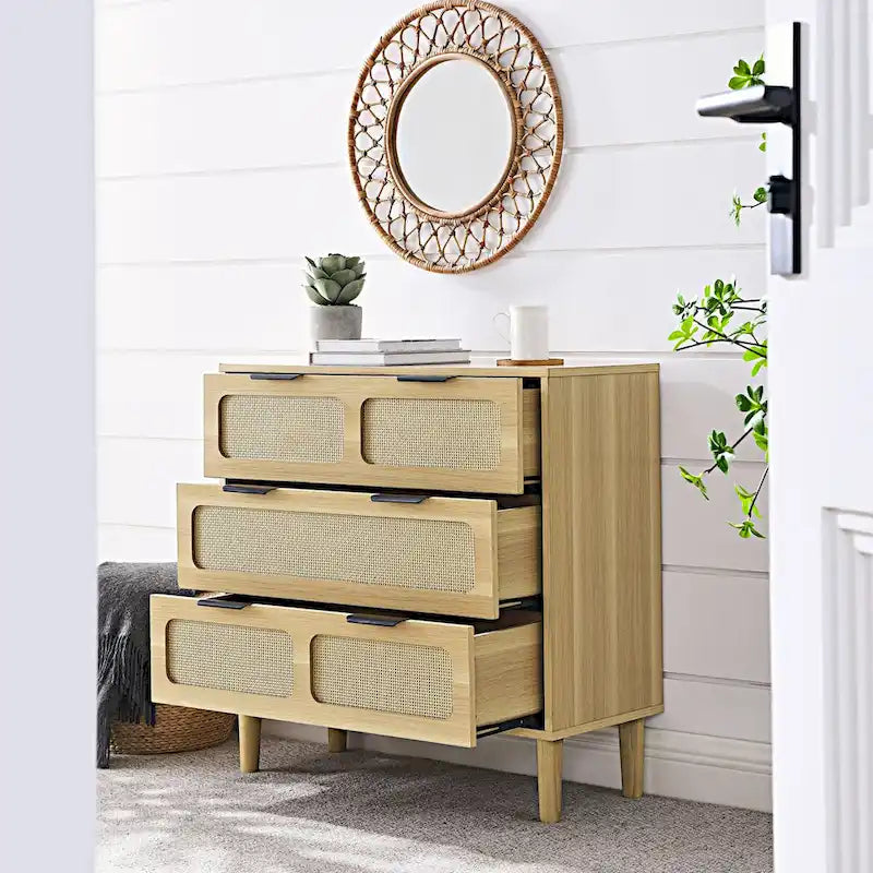 Commode en rotin noir/noyer à 3 tiroirs, simple, poignées en métal