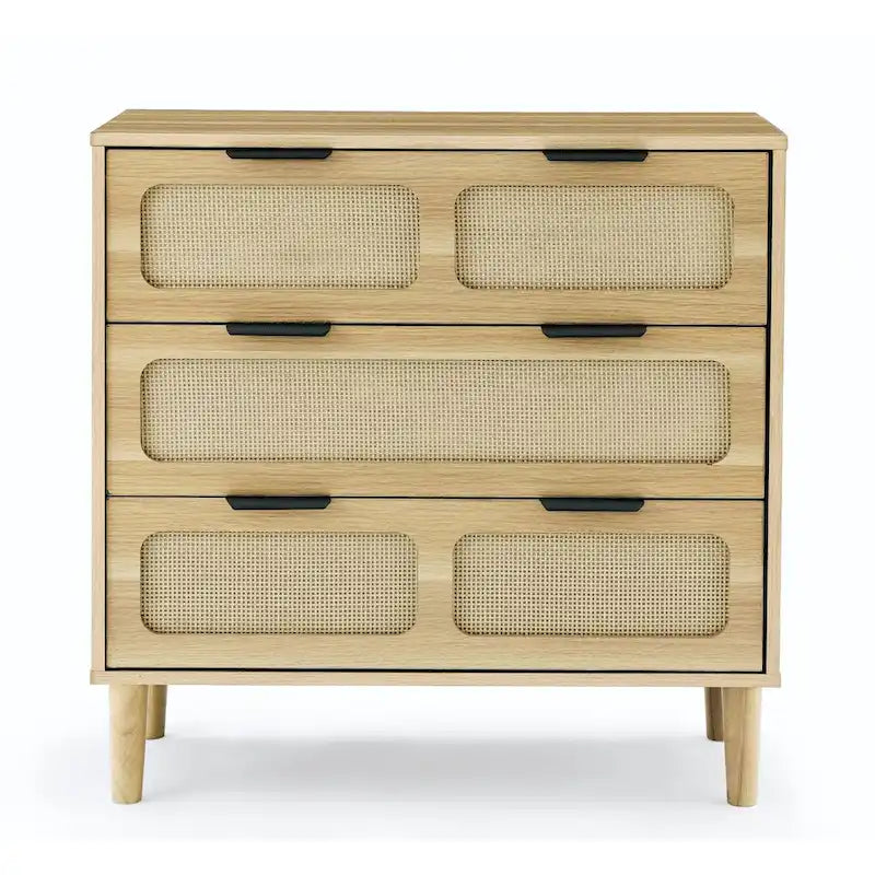 Commode en rotin noir/noyer à 3 tiroirs, simple, poignées en métal
