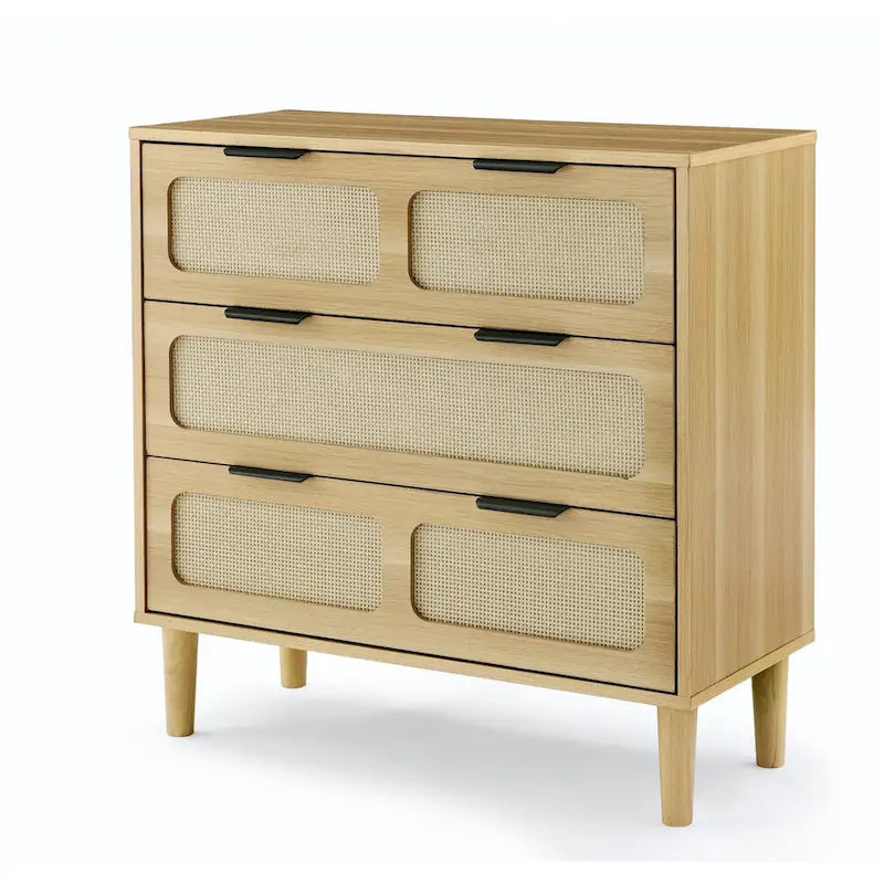 Commode en rotin noir/noyer à 3 tiroirs, simple, poignées en métal